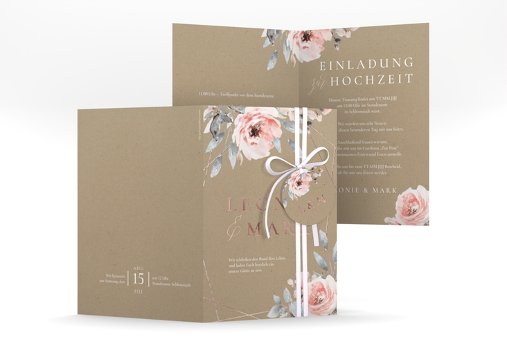 Einladungskarte Hochzeit Perfection A6 Klappkarte hoch Kraftpapier rosegold mit rosa Rosen