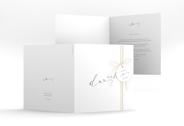Hochzeitseinladung Zweisamkeit quadr. Klappkarte weiss hochglanz im minimalistischen Stil mit Aufschrift du & ich
