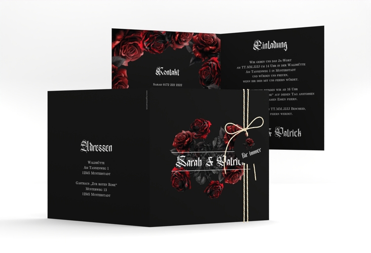Hochzeitseinladung Gothic Rose quadr. Klappkarte schwarz hochglanz