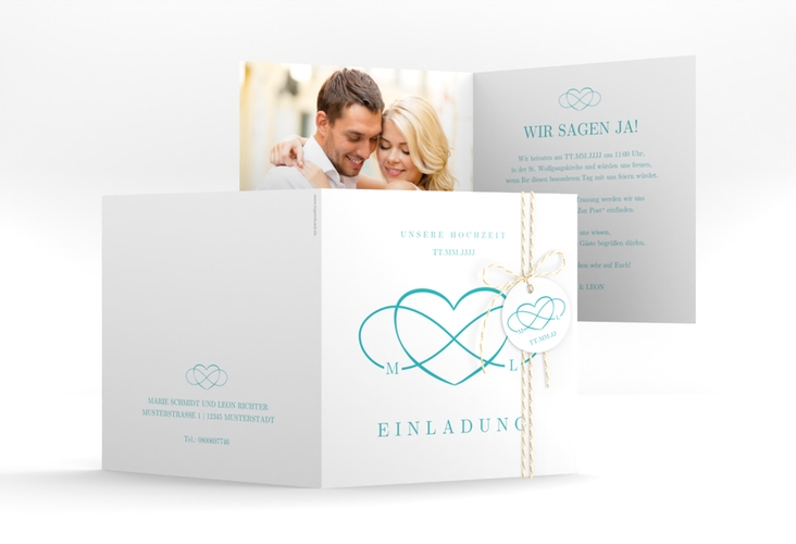 Hochzeitseinladung Infinity quadr. Klappkarte tuerkis hochglanz