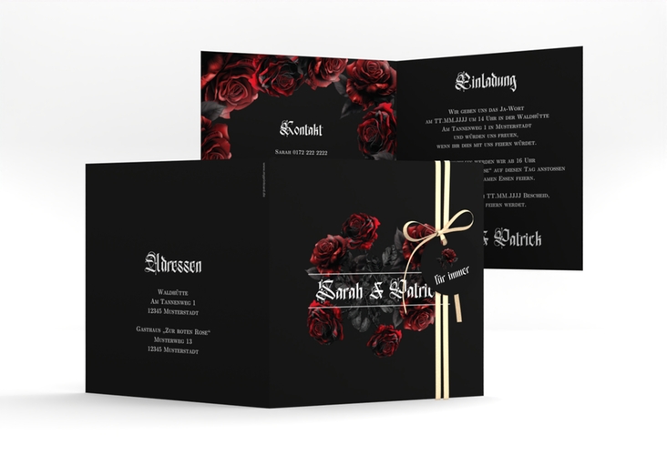 Hochzeitseinladung Gothic Rose quadr. Klappkarte schwarz hochglanz