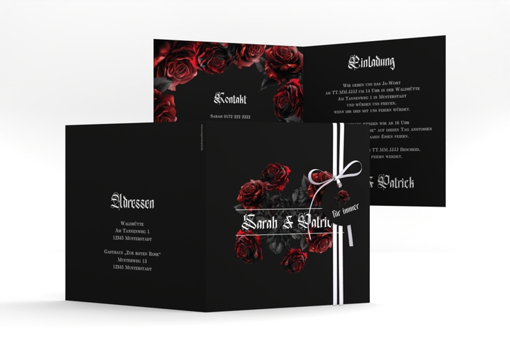 Hochzeitseinladung Gothic Rose quadr. Klappkarte schwarz hochglanz