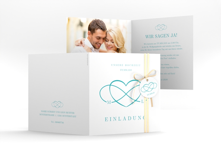 Hochzeitseinladung Infinity quadr. Klappkarte tuerkis hochglanz