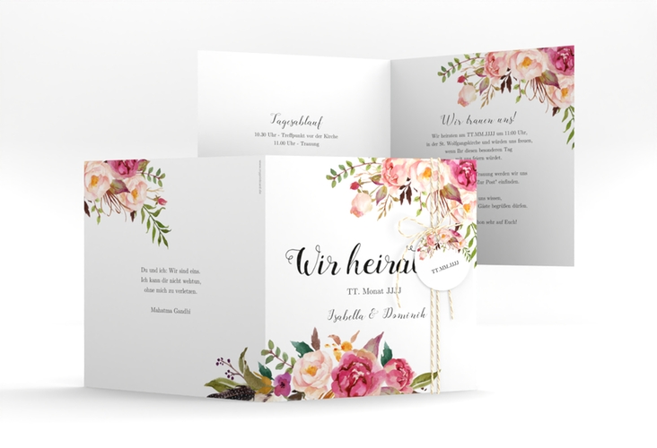 Hochzeitseinladung Flowers quadr. Klappkarte weiss hochglanz mit bunten Aquarell-Blumen