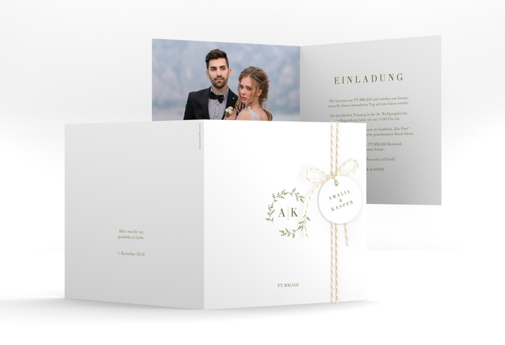 Hochzeitseinladung Filigrana quadr. Klappkarte gruen hochglanz in reduziertem Design mit Initialen und zartem Blätterkranz