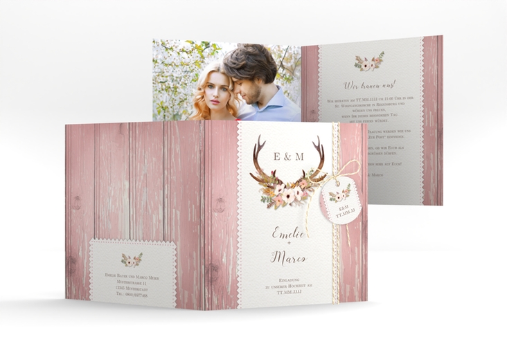 Hochzeitseinladung Heimatjuwel quadr. Klappkarte mit Hirschgeweih und Holz-Hintergrund