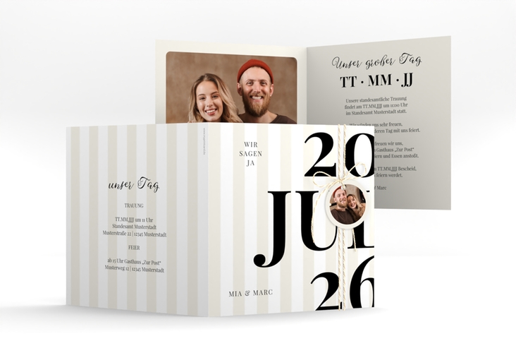 Hochzeitseinladung Streifen quadr. Klappkarte beige