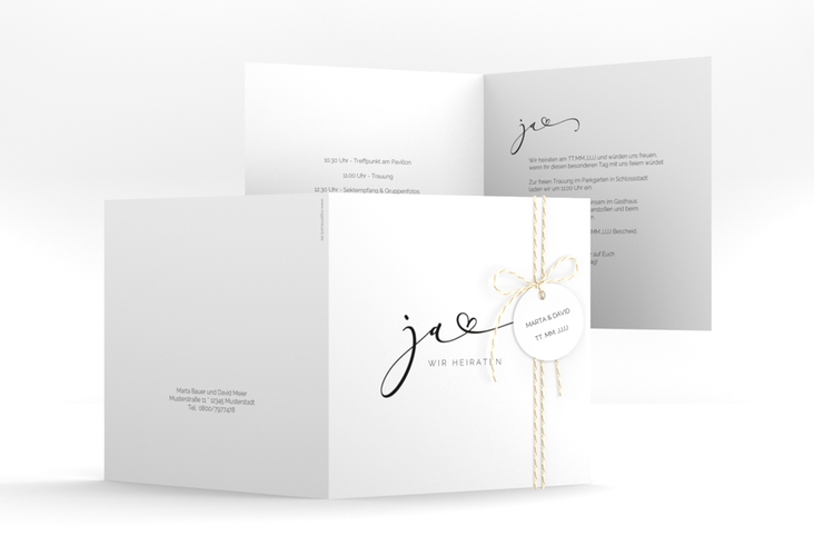 Hochzeitseinladung Jawort quadr. Klappkarte weiss hochglanz modern minimalistisch mit veredelter Aufschrift