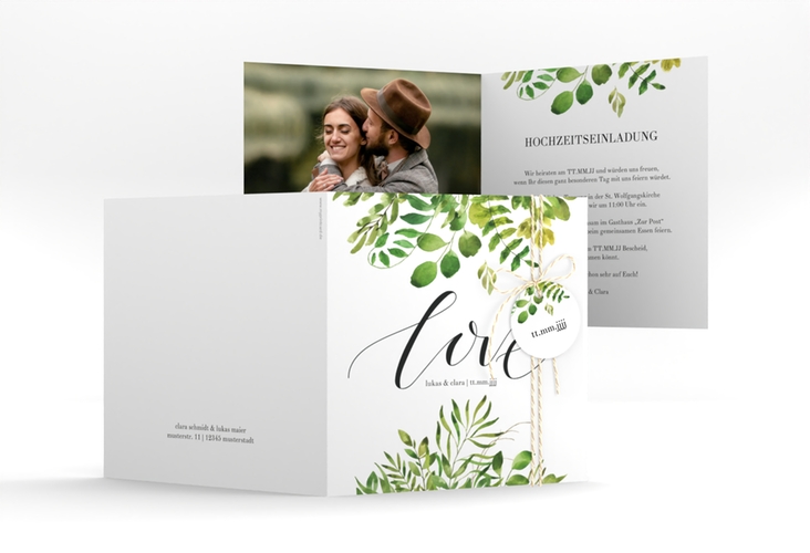 Hochzeitseinladung Botany quadr. Klappkarte weiss