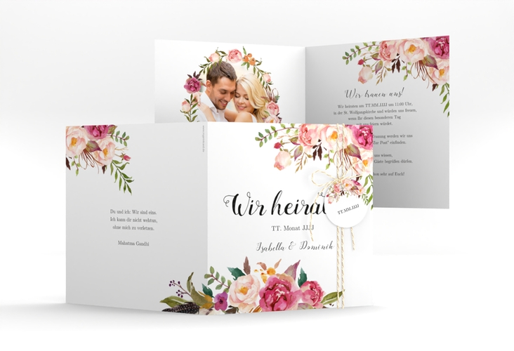 Hochzeitseinladung Flowers quadr. Klappkarte weiss mit bunten Aquarell-Blumen