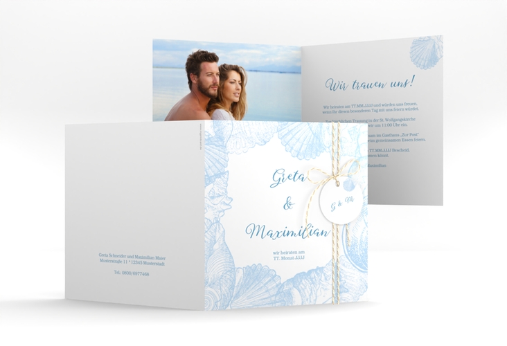 Hochzeitseinladung Muschelreich quadr. Klappkarte blau