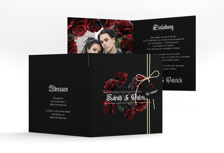 Hochzeitseinladung Gothic Rose quadr. Klappkarte schwarz hochglanz