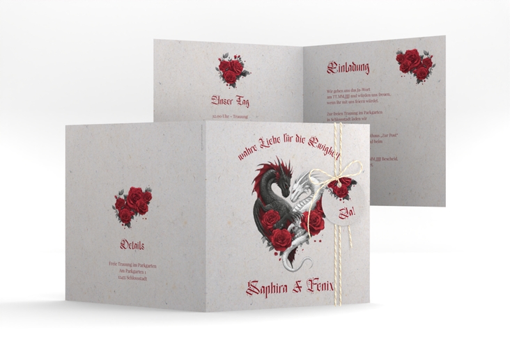 Hochzeitseinladung Drachenliebe quadr. Klappkarte grau