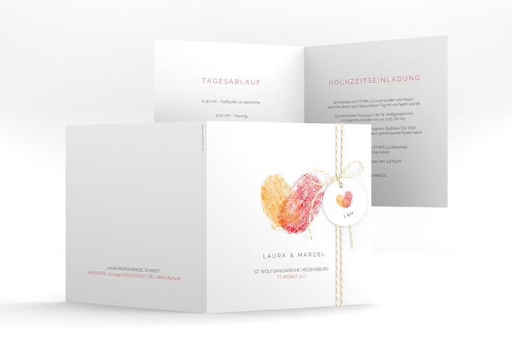 Hochzeitseinladung Fingerprint quadr. Klappkarte rot schlicht mit Fingerabdruck-Motiv