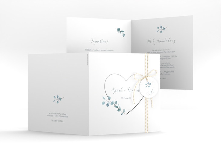 Hochzeitseinladung Greenheart quadr. Klappkarte grau hochglanz mit elegantem Herz und Eukalyptus-Zweig