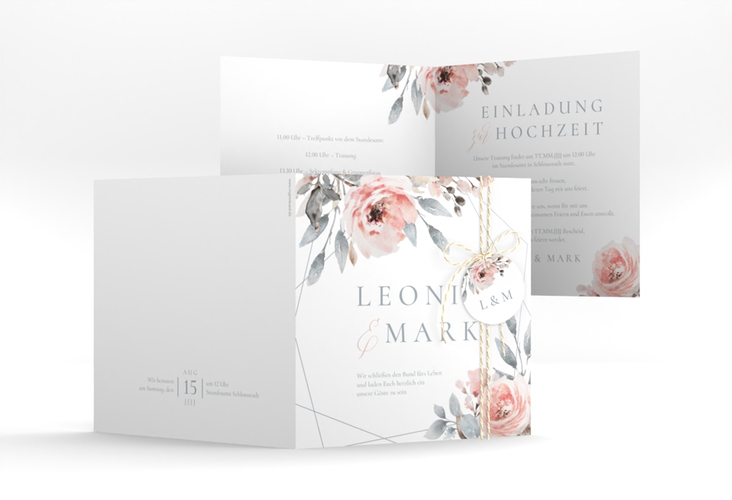 Hochzeitseinladung Perfection quadr. Klappkarte weiss hochglanz mit rosa Rosen
