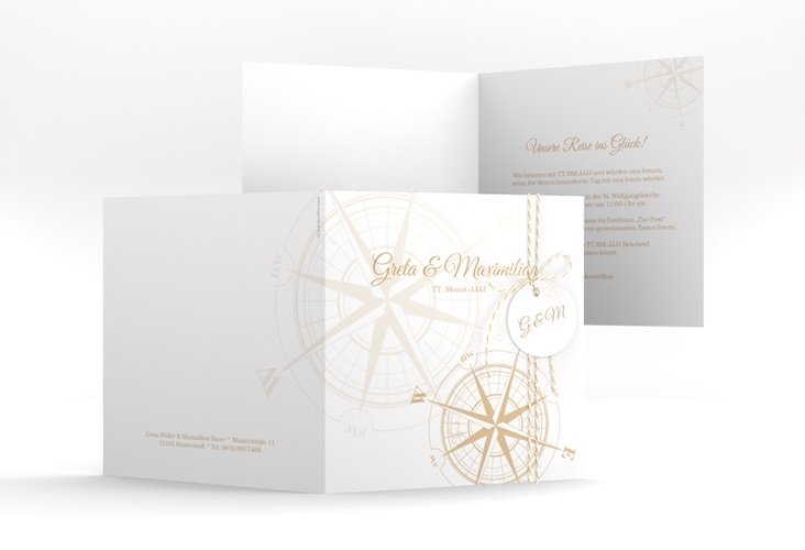 Hochzeitseinladung Windrose quadr. Klappkarte beige