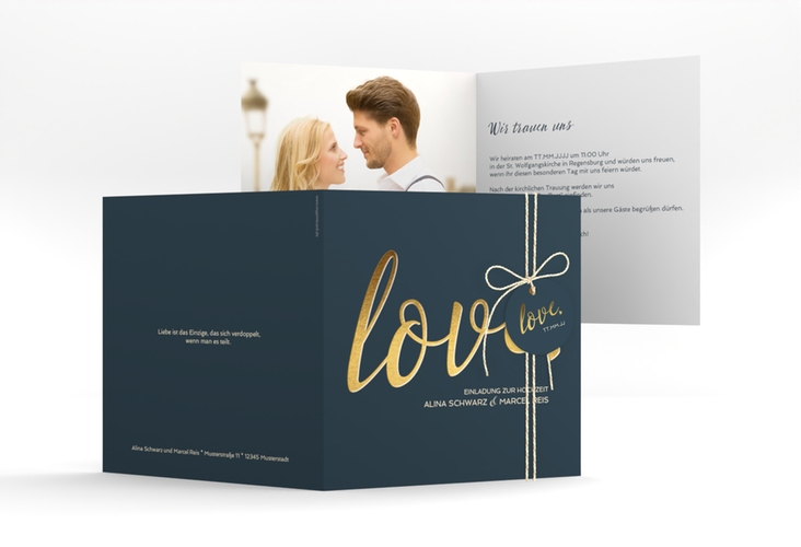 Hochzeitseinladung Glam quadr. Klappkarte blau hochglanz