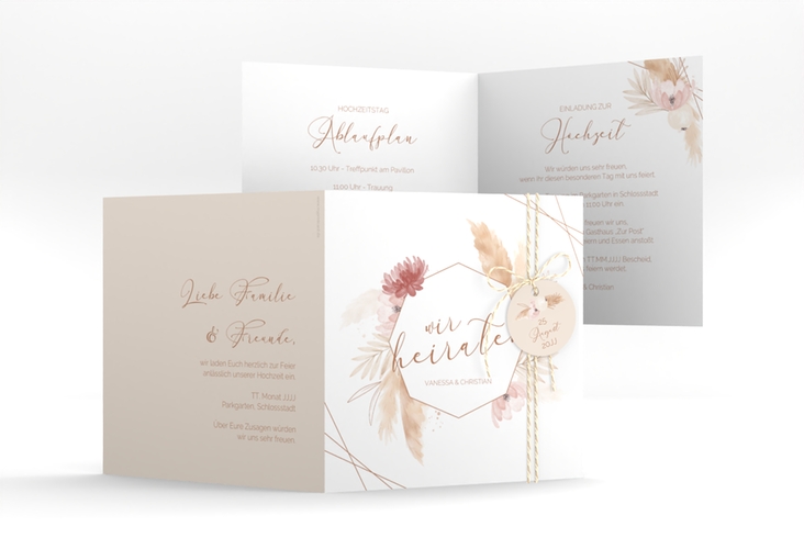 Hochzeitseinladung Bohostyle quadr. Klappkarte beige hochglanz mit Pampasgras in Aquarell