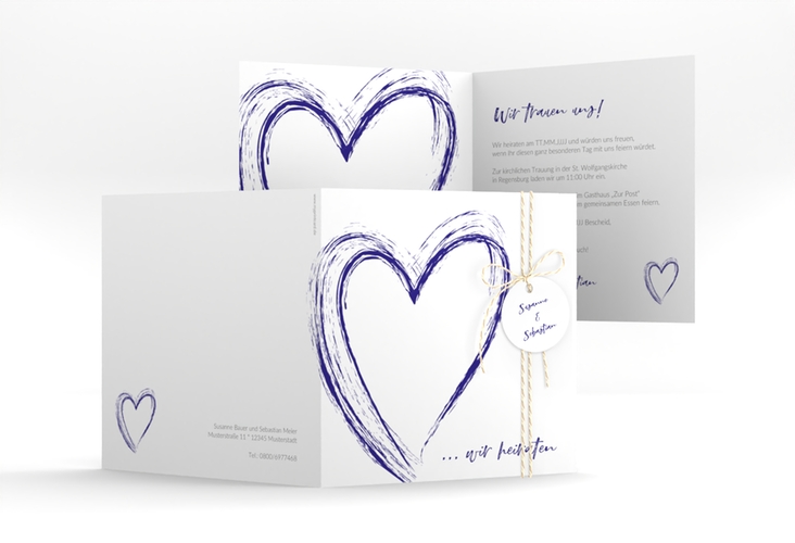 Hochzeitseinladung Liebe quadr. Klappkarte blau hochglanz