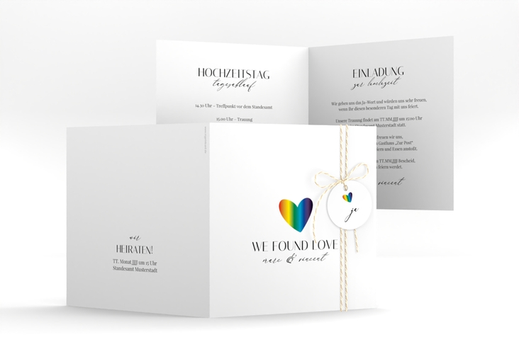 Hochzeitseinladung Liebesbote quadr. Klappkarte bunt hochglanz