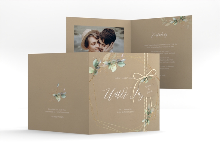 Hochzeitseinladung Greenish quadr. Klappkarte Kraftpapier hochglanz