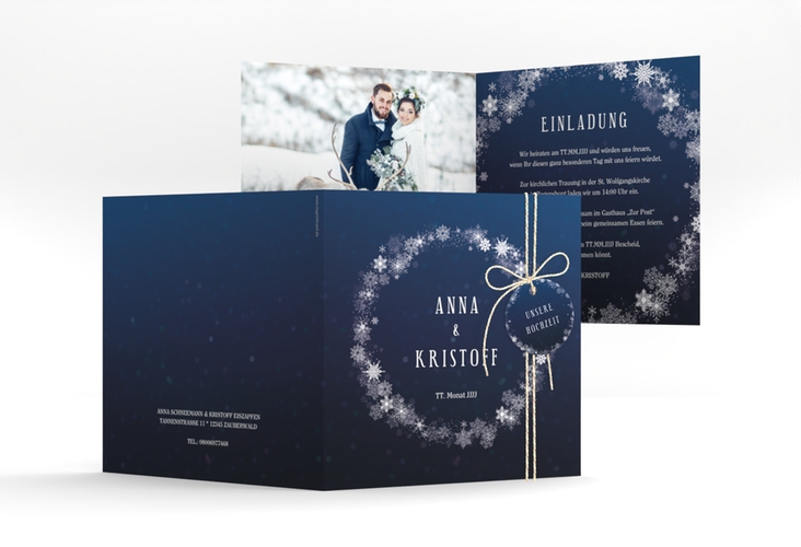 Hochzeitseinladung Winterdream quadr. Klappkarte blau mit Eisblumen