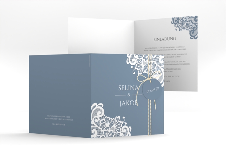Hochzeitseinladung Vintage quadr. Klappkarte blau hochglanz mit floraler Spitze