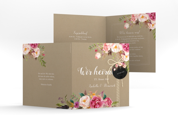 Hochzeitseinladung Flowers quadr. Klappkarte Kraftpapier mit bunten Aquarell-Blumen