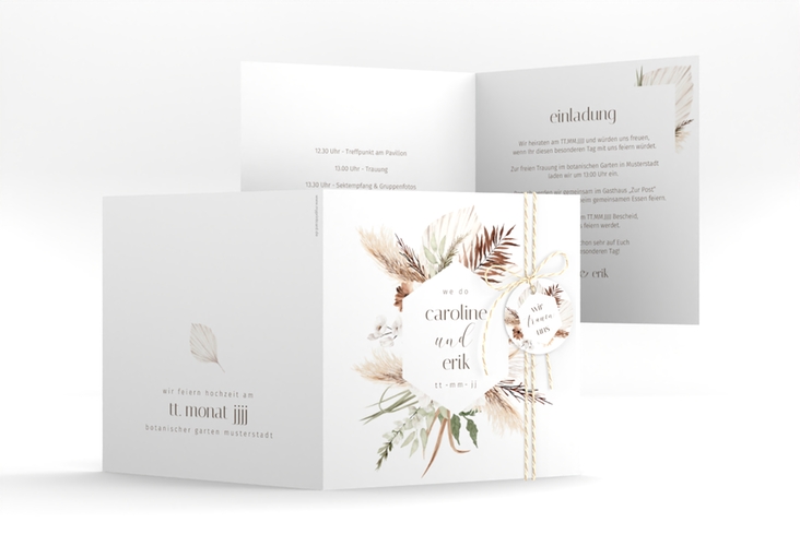 Hochzeitseinladung Bohemian quadr. Klappkarte weiss im Boho-Style mit Pampasgras