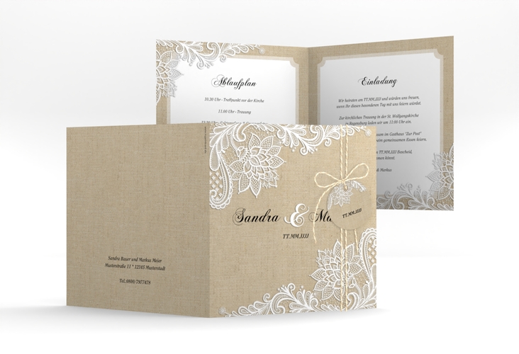 Hochzeitseinladung Lace quadr. Klappkarte beige in Leinen-Optik mit weißer Spitze