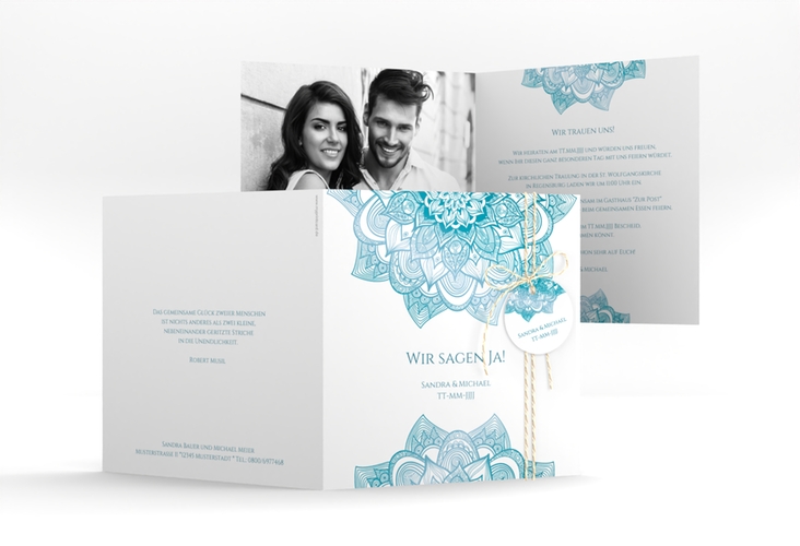 Hochzeitseinladung Delight quadr. Klappkarte tuerkis hochglanz