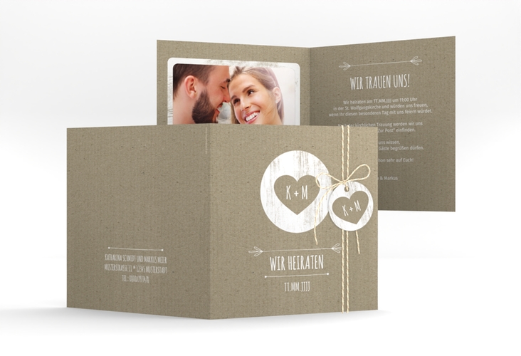 Hochzeitseinladung Shabby quadr. Klappkarte Kraftpapier