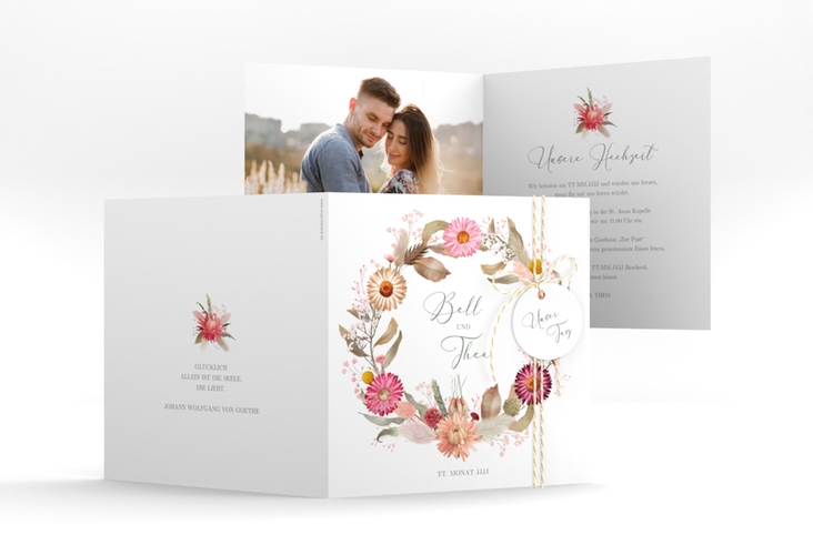 Hochzeitseinladung Trockenblumen quadr. Klappkarte weiss