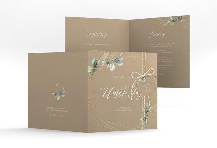 Hochzeitseinladung Greenish quadr. Klappkarte Kraftpapier hochglanz