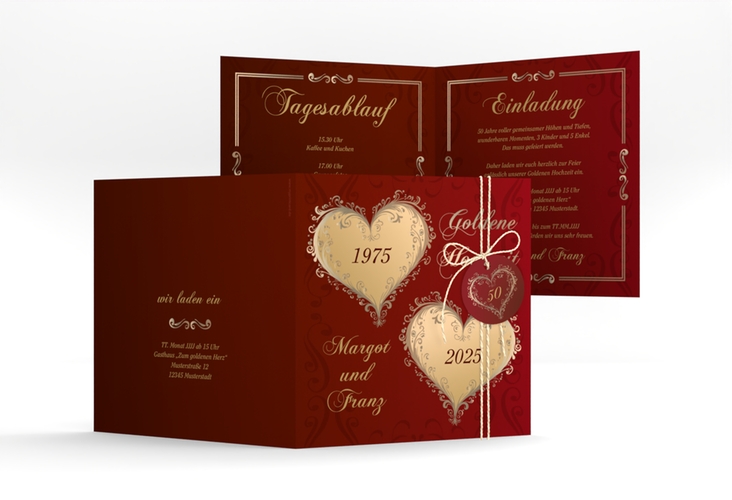 Hochzeitseinladung Goldene Hochzeit quadr. Klappkarte rot hochglanz