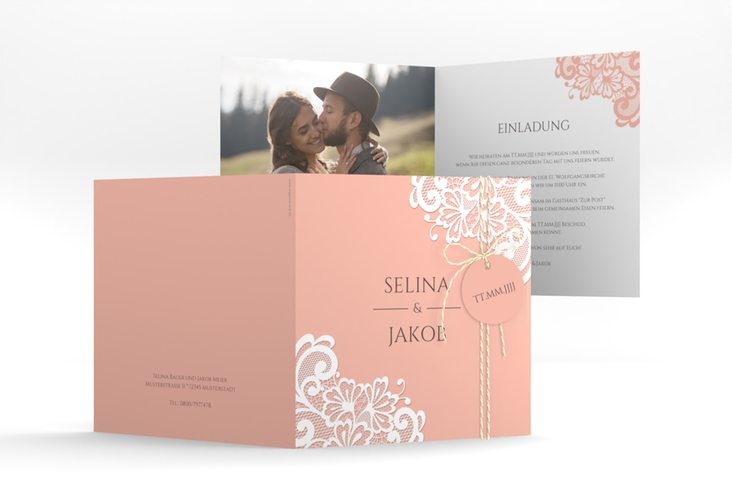 Hochzeitseinladung Vintage quadr. Klappkarte apricot mit floraler Spitze
