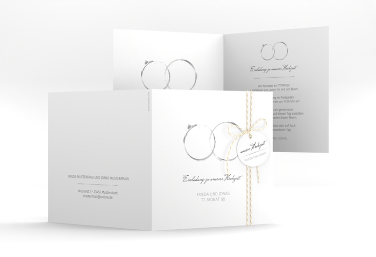Hochzeitseinladung Trauringe quadr. Klappkarte grau minimalistisch gestaltet mit zwei Eheringen