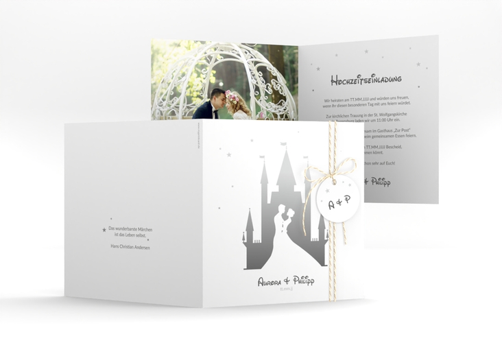 Hochzeitseinladung Castle quadr. Klappkarte grau