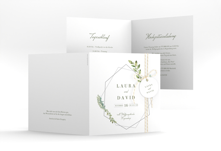 Hochzeitseinladung Herbarium quadr. Klappkarte grau hochglanz mit geometrischem Rahmen und Blätter-Dekor