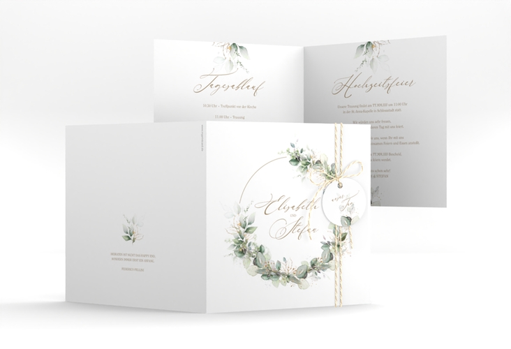 Hochzeitseinladung Selvatica quadr. Klappkarte weiss mit Eukalyptus-Kranz