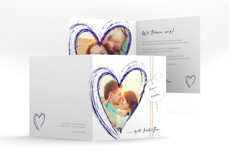 Hochzeitseinladung Liebe quadr. Klappkarte blau hochglanz