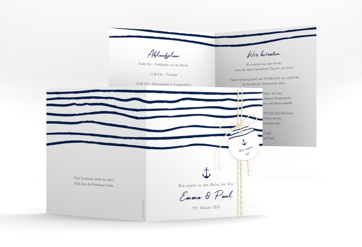 Hochzeitseinladung Liebesanker quadr. Klappkarte mit maritimem Streifenmuster und kleinem Anker