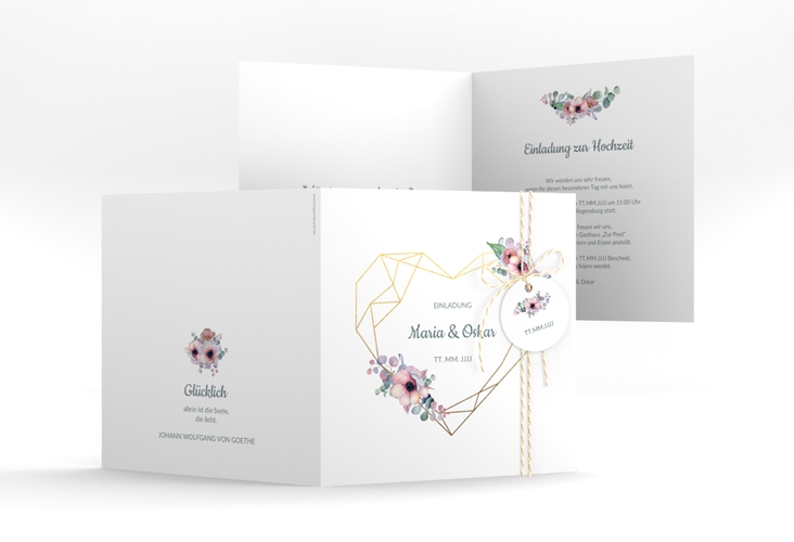 Hochzeitseinladung Herzgold quadr. Klappkarte hochglanz