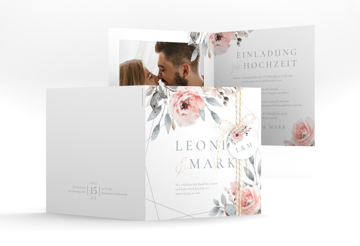 Hochzeitseinladung Perfection quadr. Klappkarte weiss hochglanz mit rosa Rosen