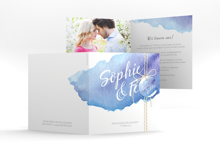 Hochzeitseinladung Aquarella quadr. Klappkarte blau