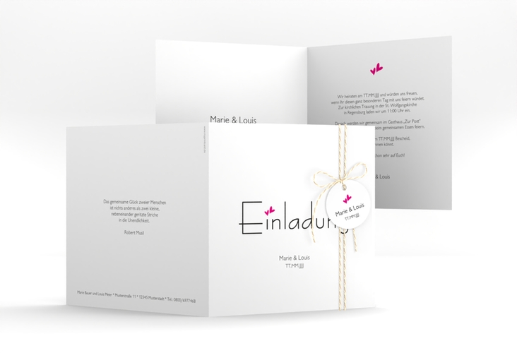 Hochzeitseinladung Twohearts quadr. Klappkarte pink hochglanz