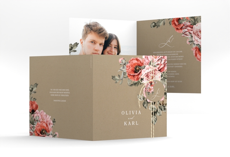 Hochzeitseinladung Grazioso quadr. Klappkarte Kraftpapier modern mit Mohnblumen und Rosen