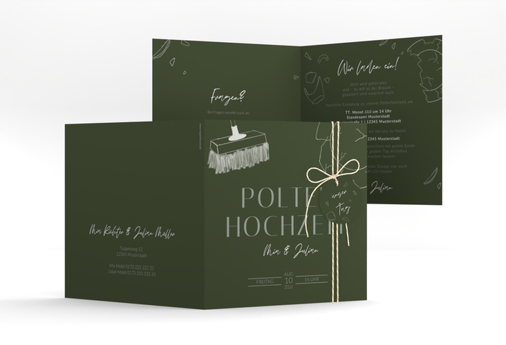 Hochzeitseinladung Polterhochzeit quadr. Klappkarte mit Besen und kaputtem Porzellanteller