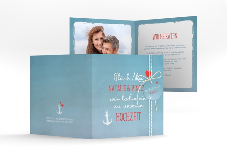 Hochzeitseinladung "Ehehafen" quadratische Klappkarte blau